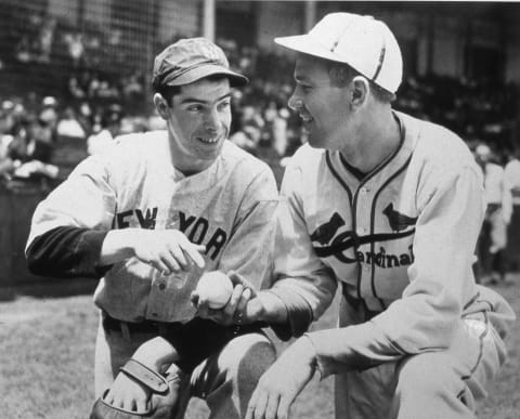 BOSTON – JULY 7, 1936. At Braves Field in Boston, site of the 1936 All Star game Joe DiMaggio of the New York Yankees and Dizzy Dean, pitcher for the St. Louis Cardinals, pose together on July 7th before the game. (Photo by Mark Rucker/Transcendental Graphics, Getty Images)