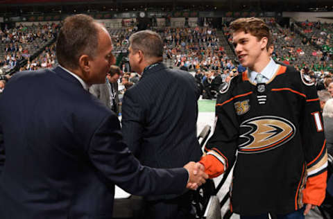 DALLAS, TX: Blake McLaughlin greets his team after being selected 79th overall by the Anaheim Ducks during the 2018 NHL Draft on June 23, 2018. (Photo by Brian Babineau/NHLI via Getty Images)