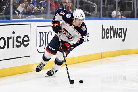 Sep 26, 2023; St. Louis, Missouri, USA; Columbus Blue Jackets defenseman Denton Mateychuk (5) skates against the St. Louis Blues during the second period at Enterprise Center. Mandatory Credit: Jeff Le-USA TODAY Sports