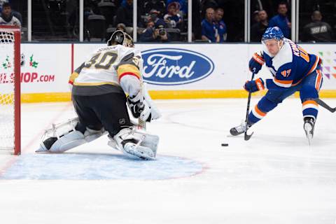 UNIONDALE, NY – DECEMBER 05: New York Islanders Center Leo Komarov (47) takes a shot on goal with Vegas Golden Knights Goalie Malcolm Subban (30) defending during the second period of the National Hockey League game between the Las Vegas Golden Knights and the New York Islanders on December 5, 2019, at the Nassau Veterans Memorial Coliseum in Uniondale, NY. (Photo by Gregory Fisher/Icon Sportswire via Getty Images)