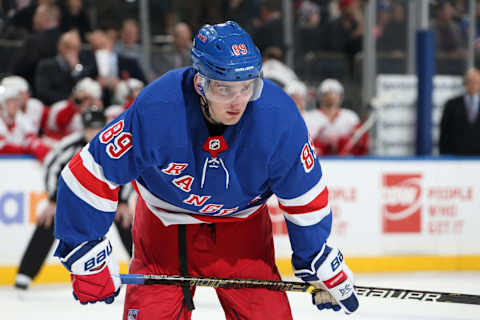 NEW YORK, NY – MARCH 19: Pavel Buchnevich #89 of the New York Rangers looks on against the Detroit Red Wings at Madison Square Garden on March 19, 2019 in New York City. (Photo by Jared Silber/NHLI via Getty Images)