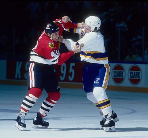 ST. LOUIS, MO – MARCH 14: Tony Twist #6 of the St. Louis Blues fights Warren Rychel #42 of the Chicago Black Hawks during an NHL game on March 14, 1989, at the St. Louis Arena in St. Louis, Missouri. (Photo by B Bennett/Getty Images)