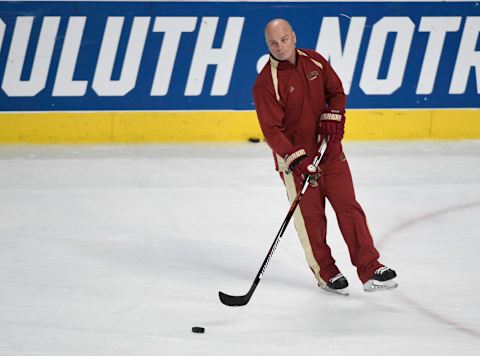 CHICAGO, IL – APRIL 7: Denver Pioneers head coach Jim Montgomery conducts practice on April 7, 2017 in Chicago, Illinois at the United Center. The Pioneers take on Minnesota-Duluth Bulldogs in the Championship game. (Photo by John Leyba/The Denver Post via Getty Images)