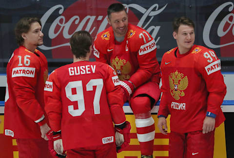 BRATISLAVA, SLOVAKIA – MAY 9, 2019: Sergei Plotnikov, Nikita Gusev, Ilya Kovalchuk, and Alexander Barabanov (L-R) of the Russian national men’s ice hockey team during a training session ahead of their 2019 IIHF Ice Hockey World Championship match against Norway. Alexander Demianchuk/TASS (Photo by Alexander DemianchukTASS via Getty Images)