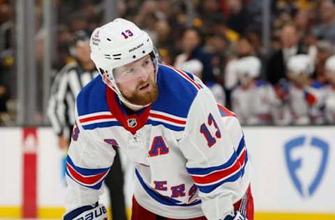 BOSTON, MASSACHUSETTS – SEPTEMBER 24: Alexis Lafreniere #13 of the New York Rangers takes a break during the first period of a preseason game against the Boston Bruins at the TD Garden on September 24, 2023 in Boston, Massachusetts. The Bruins won 3-0. (Photo by Richard T Gagnon/Getty Images)