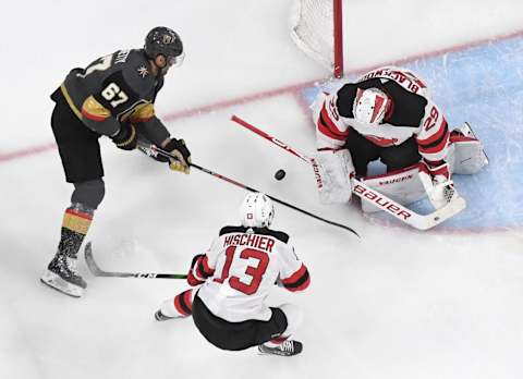 LAS VEGAS, NEVADA – MARCH 03: Mackenzie Blackwood #29 of the New Jersey Devils makes a save against Max Pacioretty #67 of the Vegas Golden Knights as Nico Hischier #13 of the Devils defends in the first period of their game at T-Mobile Arena on March 3, 2020 in Las Vegas, Nevada. The Golden Knights defeated the Devils 3-0. (Photo by Ethan Miller/Getty Images)