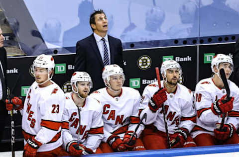 TORONTO, ONTARIO – AUGUST 19: Head coach Rod Brind’Amour of the Carolina Hurricanes reacts against the Boston Bruins during the second period in Game Five of the Eastern Conference First Round during the 2020 NHL Stanley Cup Playoffs at Scotiabank Arena on August 19, 2020 in Toronto, Ontario. (Photo by Elsa/Getty Images)