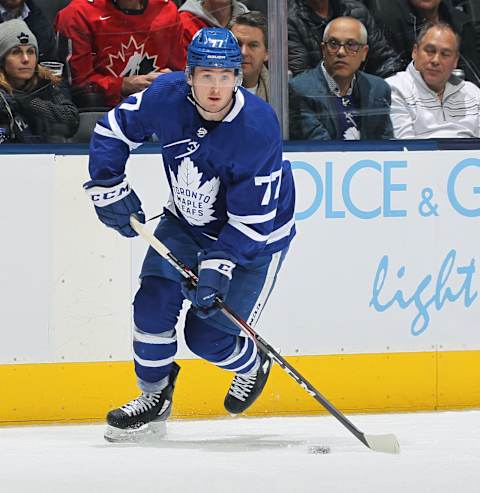 TORONTO, ON – JANUARY 06: Adam Brooks #77 of the Toronto Maple Leafs skates with the puck against the Edmonton Oilers during an NHL game at Scotiabank Arena on January 6, 2020 in Toronto, Ontario, Canada. The Oilers defeated the Maple Leafs 6-4. (Photo by Claus Andersen/Getty Images)