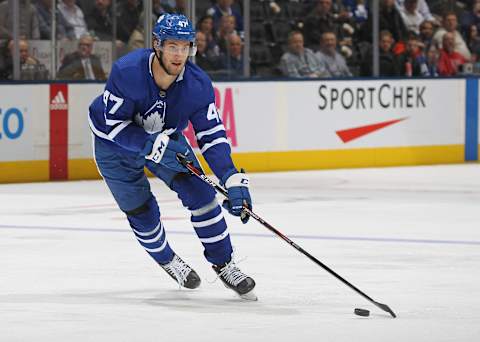 TORONTO, ON – FEBRUARY 29: Pierre Engvall #47 of the Toronto Maple Leafs .(Photo by Claus Andersen/Getty Images)