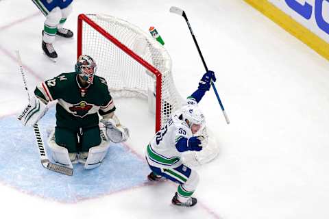 Bo Horvat of the Vancouver Canucks celebrates goal off nice Tanner Pearson pass (Photo by Jeff Vinnick/Getty Images)