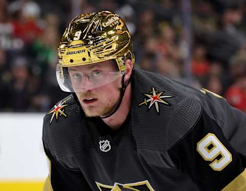 LAS VEGAS, NEVADA – MARCH 01: Jack Eichel #9 of the Vegas Golden Knights waits for a faceoff in the second period of a game against the San Jose Sharks at T-Mobile Arena on March 01, 2022 in Las Vegas, Nevada. The Golden Knights defeated the Sharks 3-1. (Photo by Ethan Miller/Getty Images)