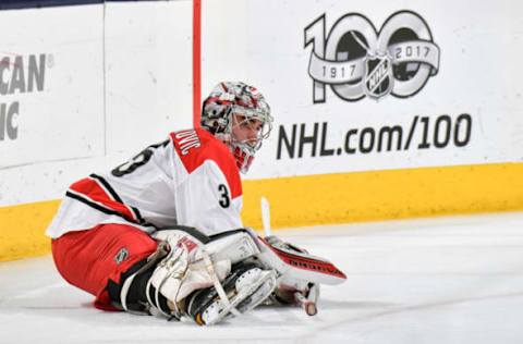 COLUMBUS, OH – JANUARY 17: Goaltender Alex Nedeljkovic #35 of the Carolina Hurricanes warms up before a game against the Columbus Blue Jackets on January 17, 2017 at Nationwide Arena in Columbus, Ohio. (Photo by Jamie Sabau/NHLI via Getty Images)