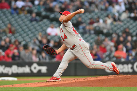 Apr 4, 2023; Seattle, Washington, USA; Los Angeles Angels starting pitcher Jose Suarez (54) pitches to the Seattle Mariners during the first inning at T-Mobile Park. Mandatory Credit: Steven Bisig-USA TODAY Sports