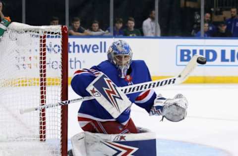 NEW YORK, NEW YORK – SEPTEMBER 24: Alexandar Georgiev #40 of the New York Rangers makes the third period save against the New York Islanders at Madison Square Garden on September 24, 2019 in New York City. The Rangers defeated the Islanders 3-1. (Photo by Bruce Bennett/Getty Images)