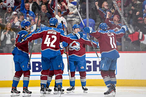 DENVER, COLORADO – APRIL 16: Ben Meyers #59 of the Colorado Avalanche  . (Photo by Dustin Bradford/Getty Images)