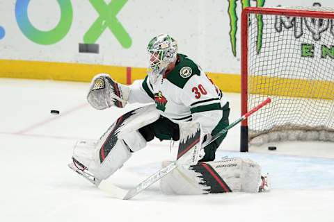 Minnesota Wild goaltender Dereck Baribeau warms up before the game Anaheim Ducks at Honda Center. ( Orlando Ramirez-USA TODAY Sports)