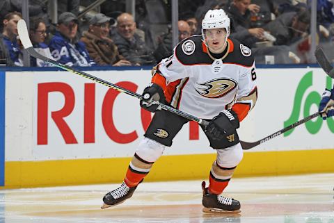 TORONTO, ON – FEBRUARY 7: Troy Terry #61 of the Anaheim Ducks skates against the Toronto Maple Leafs during an NHL game at Scotiabank Arena on February 7, 2020 in Toronto, Ontario, Canada. The Maple Leafs defeated the Ducks 5-4 in overtime. (Photo by Claus Andersen/Getty Images)