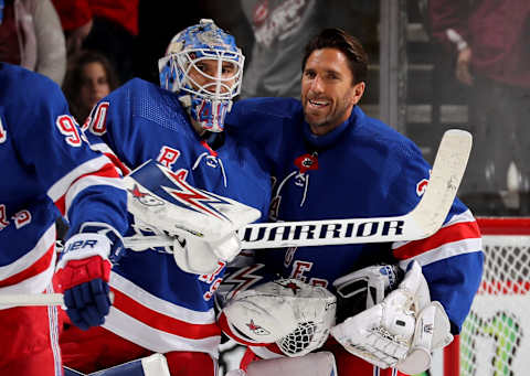 Alexandar Georgiev #40 and Henrik Lundqvist #30 of the New York Rangers (Photo by Elsa/Getty Images)