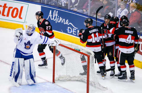 TORONTO, ON – DECEMBER 26 – The Belleville Senators celebrate their go ahead goal near Marlies goalie Calvin Pickard during the 3rd period of AHL action as the Toronto Marlies host the Belleville Senators at the Air Canada Centre on December 26, 2017. The Belleville Senators defeated the Toronto Marlies 2-1. (Carlos Osorio/Toronto Star via Getty Images)