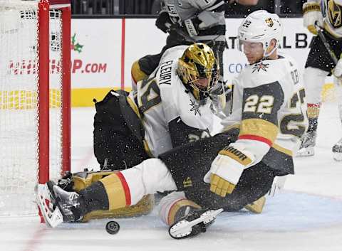 LAS VEGAS, NEVADA – DECEMBER 23: Marc-Andre Fleury #29 and Nick Holden #22 of the Vegas Golden Knights defend the net against a Los Angeles Kings’ shot in the third period of their game at T-Mobile Arena on December 23, 2018 in Las Vegas, Nevada. The Kings defeated the Golden Knights 4-3 in overtime. (Photo by Ethan Miller/Getty Images)