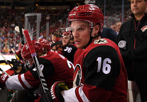 GLENDALE, AZ – NOVEMBER 04: Max Domi #16 of the Arizona Coyotes looks on from the bench during a game against the Carolina Hurricanes at Gila River Arena on November 4, 2017 in Glendale, Arizona. (Photo by Norm Hall/NHLI via Getty Images)