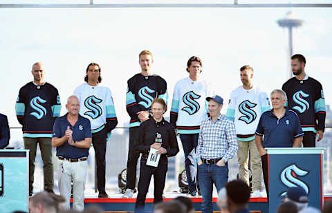 Mark Giordano, Chris Tanev, Jamie Oleksiak, Haydn Fleury, Jordan Eberle and Chris Drieger are introduced as members of the Seattle Kraken. (Photo by Alika Jenner/Getty Images)