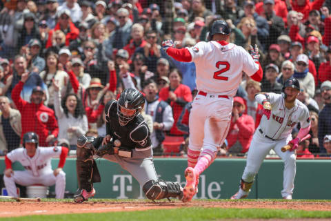 May 8, 2022; Boston, Massachusetts, USA; Boston Red Sox shortstop Xander Bogaerts (2) scores during the sixth inning against the Chicago White Sox at Fenway Park. Mandatory Credit: Paul Rutherford-USA TODAY Sports