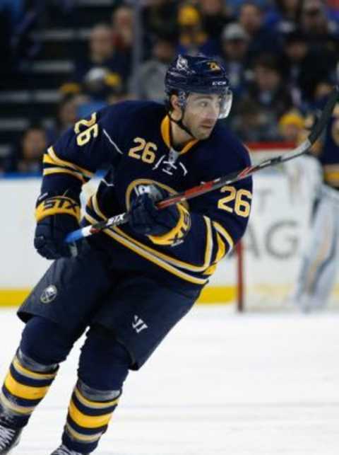 Dec 19, 2015; Buffalo, NY, USA; Buffalo Sabres left wing Matt Moulson (26) during the game against the Chicago Blackhawks at First Niagara Center. Mandatory Credit: Kevin Hoffman-USA TODAY Sports