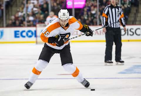 Jan 7, 2016; Saint Paul, MN, USA; Philadelphia Flyers defenseman Michael Del Zotto (15) against the Minnesota Wild at Xcel Energy Center. The Flyers defeated the Wild 4-3 in overtime. Mandatory Credit: Brace Hemmelgarn-USA TODAY Sports