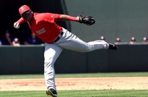 Mar 11, 2017; Fort Myers, FL, USA; Boston Red Sox infielder Rafael Devers (74) throws to first base in the first inning of a spring training game against the Minnesota Twins at CenturyLink Sports Complex. Mandatory Credit: Jonathan Dyer-USA TODAY Sports