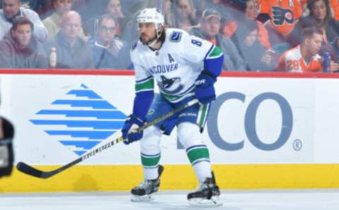 PHILADELPHIA, PENNSYLVANIA – FEBRUARY 04: Chris Tanev #8 of the Vancouver Canucks skates against the Philadelphia Flyers during the first period at Wells Fargo Center on February 04, 2019 in Philadelphia, Pennsylvania. (Photo by Drew Hallowell/Getty Images)