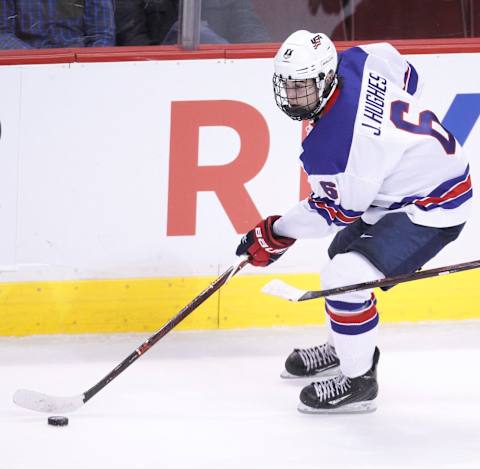 VANCOUVER, BC – JANUARY 4: Jack Hughes #6 of the United States skates against Russia during a semi-final game at the IIHF World Junior Championships at Rogers Arena on January 4, 2019, in Vancouver, British Columbia, Canada. (Photo by Kevin Light/Getty Images)