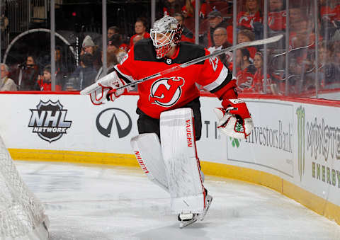 NEWARK, NJ – DECEMBER 31: Mackenzie Blackwood #29 of the New Jersey Devils in action against the Vancouver Canucks at Prudential Center on December 31, 2018 in Newark, New Jersey. The Devils defeated the Canucks 4-0. (Photo by Jim McIsaac/Getty Images)