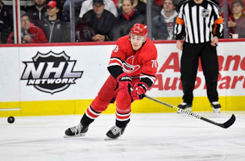 RALEIGH, NORTH CAROLINA – FEBRUARY 25: Brady Skjei #76 of the Carolina Hurricanes in action against the Dallas Stars during a game at PNC Arena on February 25, 2020 in Raleigh, North Carolina. (Photo by Grant Halverson/Getty Images)