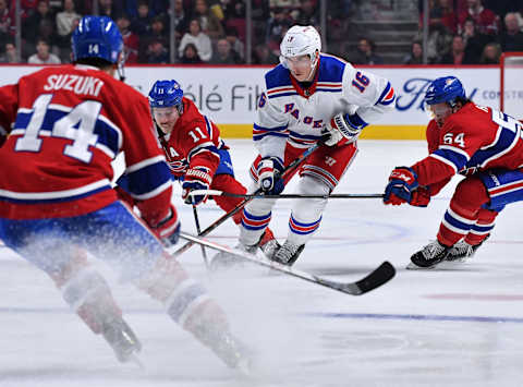 Ryan Strome #16 of the New York Rangers skates with the puck . (Photo by Francois Lacasse/NHLI via Getty Images)