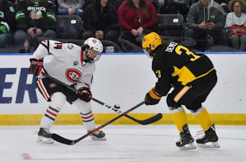 FARGO, NORTH DAKOTA – MARCH 29: Patrick Newell #14 of the St. Cloud State Huskies tries to control the puck against Patrik Demel #3 of the American International Yellow Jackets during an NCAA Division I Men’s Ice Hockey West Regional Championship Semifinal game at Scheels Arena on March 29, 2019 in Fargo, North Dakota. (Photo by Sam Wasson/Getty Images)