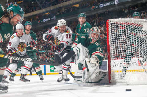 SAINT PAUL, MN – FEBRUARY 4: Alex Stalock #32, Mats Zuccarello #36, Eric Staal #12 and Brad Hunt #77 of the Minnesota Wild defend their goal against Zack Smith #15 and Alex Nylander #92 of the Chicago Blackhawks during the game at the Xcel Energy Center on February 4, 2020, in Saint Paul, Minnesota. (Photo by Bruce Kluckhohn/NHLI via Getty Images)