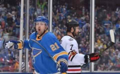 Jan 2, 2017; St. Louis, MO, USA; St. Louis Blues center Patrik Berglund (21) celebrates after scoring a goal against the Chicago Blackhawks during the second period in the 2016 Winter Classic ice hockey game at Busch Stadium. Mandatory Credit: Jasen Vinlove-USA TODAY Sports