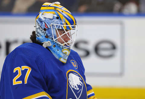 Oct 17, 2023; Buffalo, New York, USA; Buffalo Sabres goaltender Devon Levi (27) during a stoppage in play against the Tampa Bay Lightning during the first period at KeyBank Center. Mandatory Credit: Timothy T. Ludwig-USA TODAY Sports