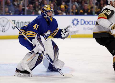 Mar 10, 2022; Buffalo, New York, USA; Buffalo Sabres goaltender Craig Anderson (41) looks for the puck during the first period against the Vegas Golden Knights at KeyBank Center. Mandatory Credit: Timothy T. Ludwig-USA TODAY Sports