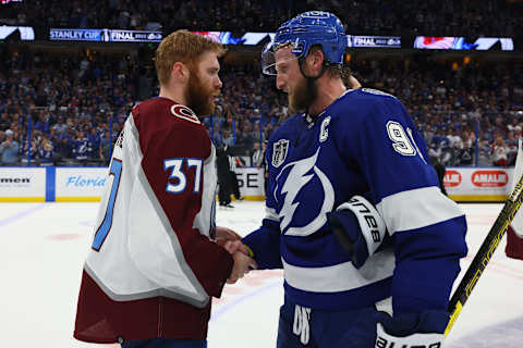 Colorado Avalanche, J.T. Compher #37, Tampa Bay Lightning, Steven Stamkos #91, Stanley Cup Playoffs. (Photo by Bruce Bennett/Getty Images)