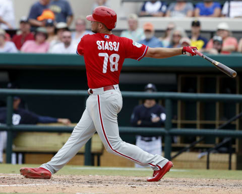 Mar 7, 2017; Lakeland, FL, USA; Philadelphia Phillies first baseman Brock Stassi (78) hits a long fly to right center during the seventh inning of an MLB spring training baseball game against the Detroit Tigers at Joker Marchant Stadium. The Phillies won 11-6. Mandatory Credit: Reinhold Matay-USA TODAY Sports