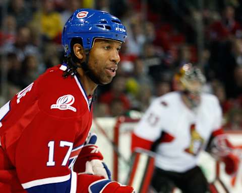 MONTREAL- OCTOBER 17: Georges Laraque #17 of the Montreal Canadiens (Photo by Richard Wolowicz/Getty Images)