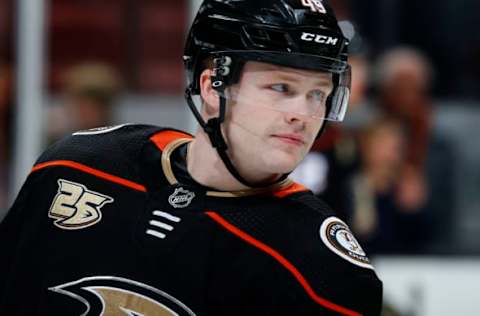 ANAHEIM, CA – APRIL 05: Max Jones #49 of the Anaheim Ducks skates during the game against the Los Angeles Kings on April 5, 2019 at Honda Center in Anaheim, California. (Photo by Debora Robinson/NHLI via Getty Images)