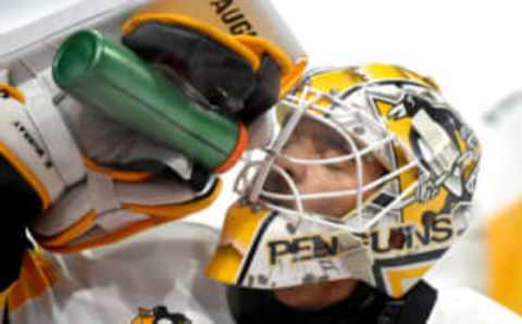 May 23, 2017; Ottawa, Ontario, CAN; Pittsburgh Penguins goalie Matt Murray (30) takes a drink at the bench during warmups prior to playing Ottawa Senators in game six of the Eastern Conference Final of the 2017 Stanley Cup Playoffs at Canadian Tire Centre. Mandatory Credit: Dan Hamilton-USA TODAY Sports