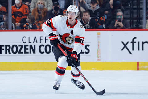 PHILADELPHIA, PENNSYLVANIA – DECEMBER 18: Thomas Chabot #72 of the Ottawa Senators skates with the puck against the Philadelphia Flyers at Wells Fargo Center on December 18, 2021, in Philadelphia, Pennsylvania. (Photo by Tim Nwachukwu/Getty Images)