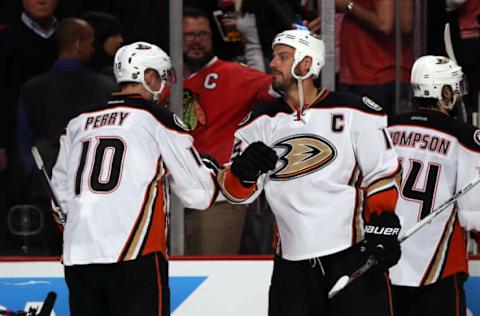 CHICAGO, IL – MAY 21: Corey Perry #10 and Ryan Getzlaf #15 of the Anaheim Ducks celebrate after defeating the Chicago Blackhawks 2-1 in Game Three of the Western Conference Finals during the 2015 NHL Stanley Cup Playoffs at the United Center on May 21, 2015, in Chicago, Illinois. (Photo by Jonathan Daniel/Getty Images)