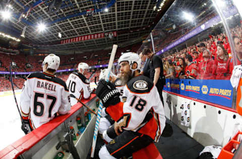 CALGARY, AB – APRIL 17: Patrick Eaves #18 of the Anaheim Ducks skates against the Calgary Flames during Game One of the 2017 Western Conference First Round during on April 17, 2017. (Photo by Gerry Thomas/NHLI via Getty Images)