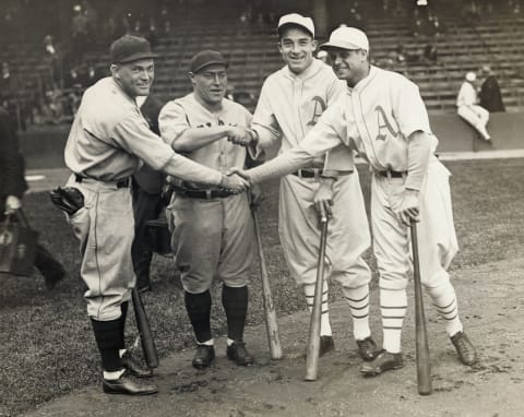 Left to right, Hornsby and Wilson of the Chicago Cubs and Simmons and Foxx of the Athletics. (Photo by George Rinhart/Corbis via Getty Images)