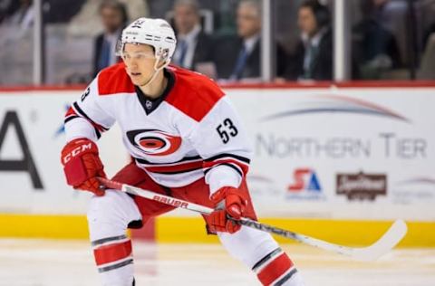 Mar 19, 2016; Saint Paul, MN, USA; Carolina Hurricanes forward Jeff Skinner (53) skates after the puck in the second period against the Minnesota Wild at Xcel Energy Center. Mandatory Credit: Brad Rempel-USA TODAY Sports